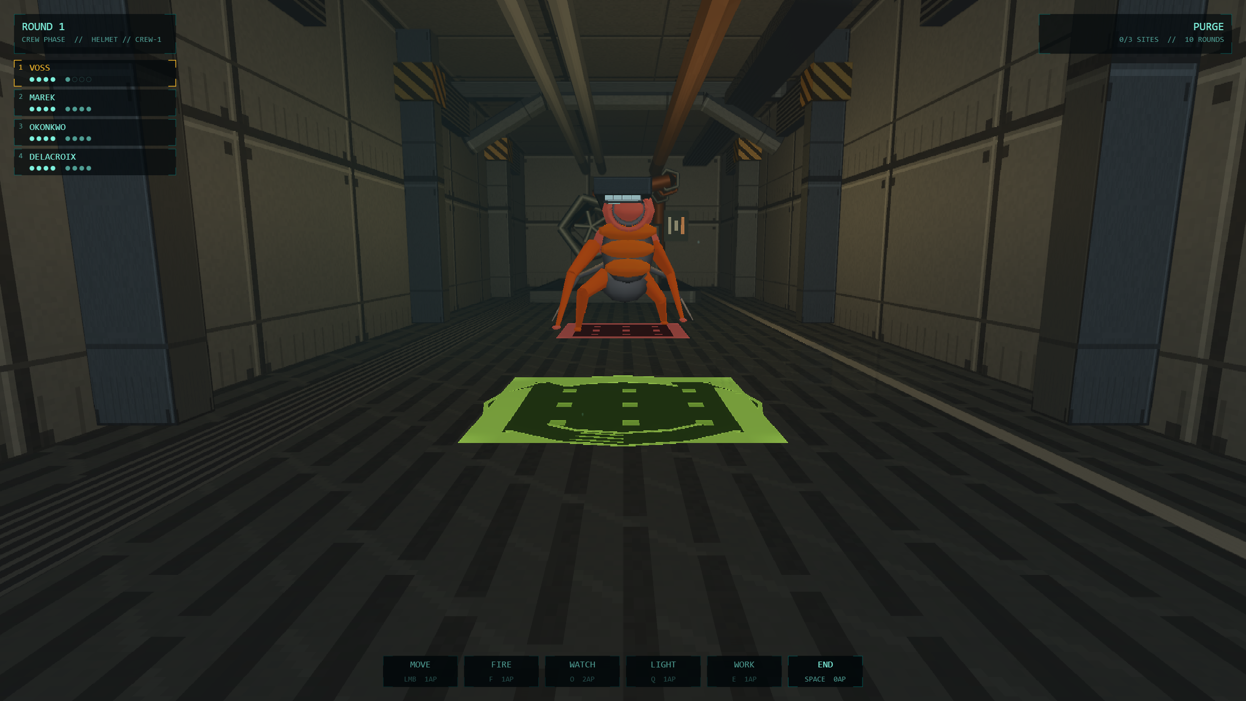 A hostile ahead in helmet view, surrounded by industrial wall panels, vents, overhead pipes and ceiling beams