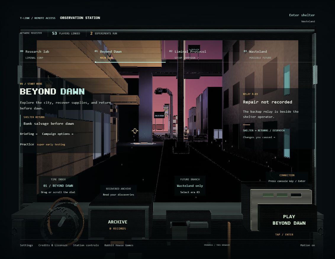 The Observation Station with readable Play Beyond Dawn and Archive lettering.