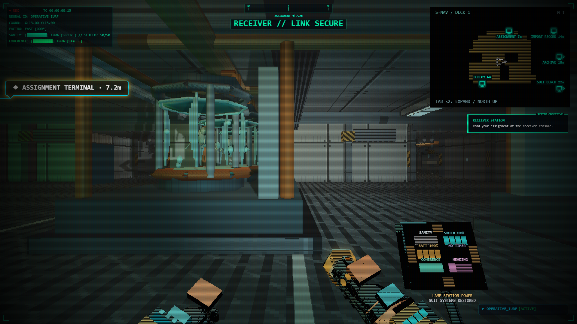 Liminal Protocol Steam beta receiver station with a specimen vessel, assignment terminal, first-person instruments and discovered map.