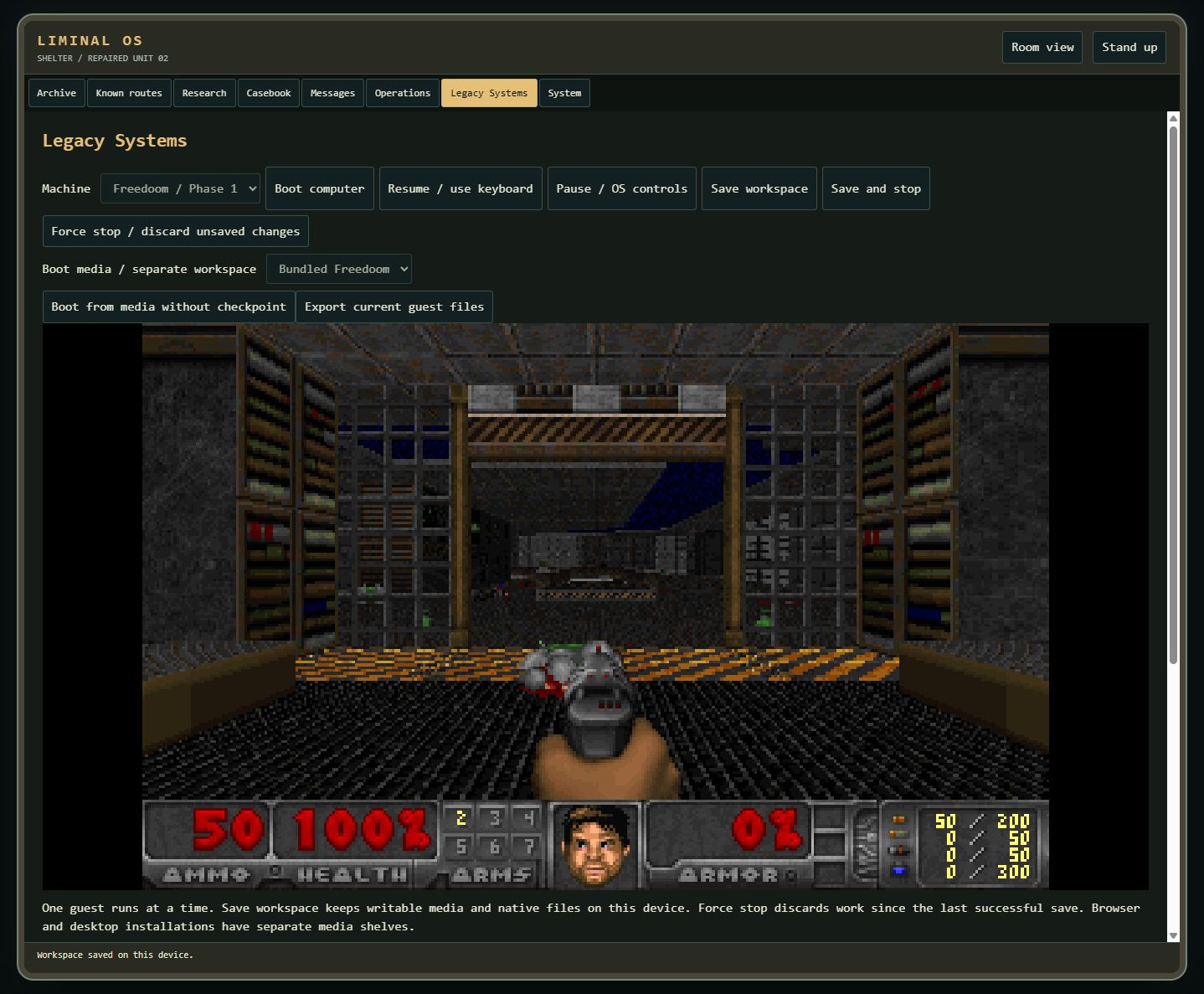 Freedoom gameplay inside the full Liminal OS workstation, with Legacy Systems selected and machine controls visible.
