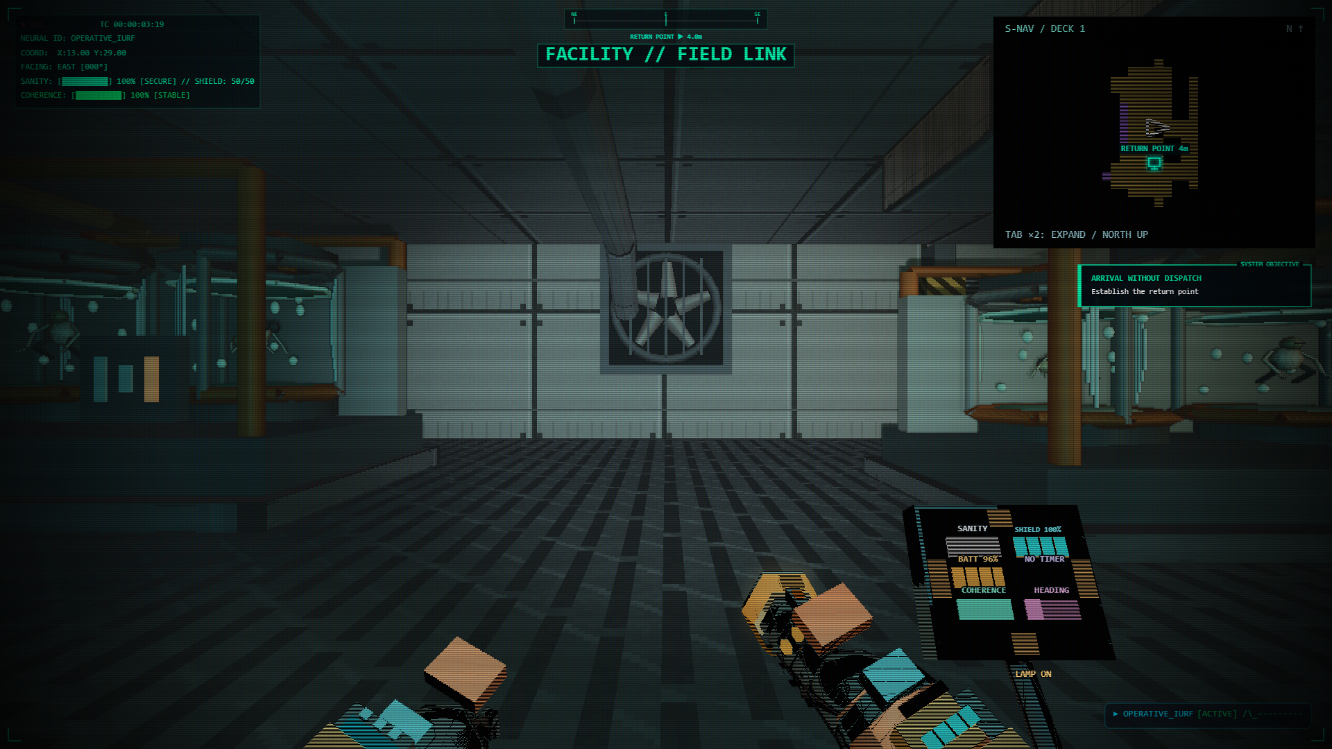 Arrival Without Dispatch in the Liminal Protocol Steam beta, with containment cells, supported wall ventilation, first-person hands and suit instruments.