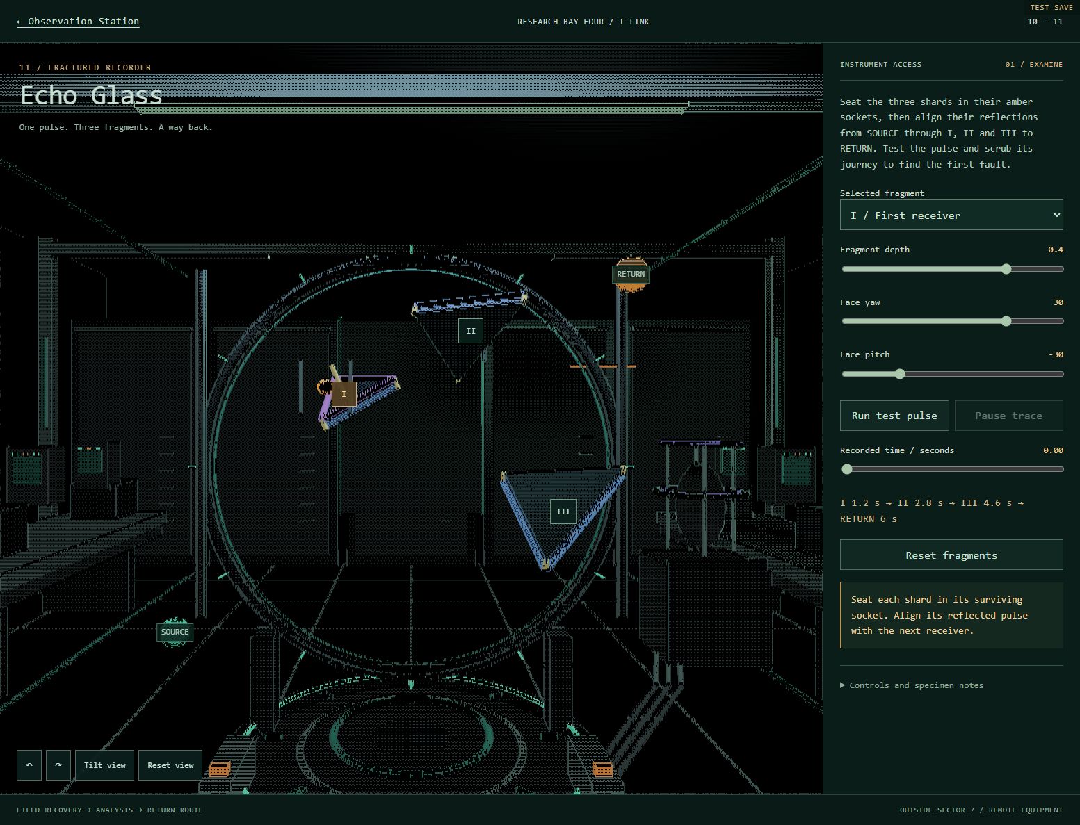 Echo Glass research interface, showing glass fragments and pulse reconstruction controls.