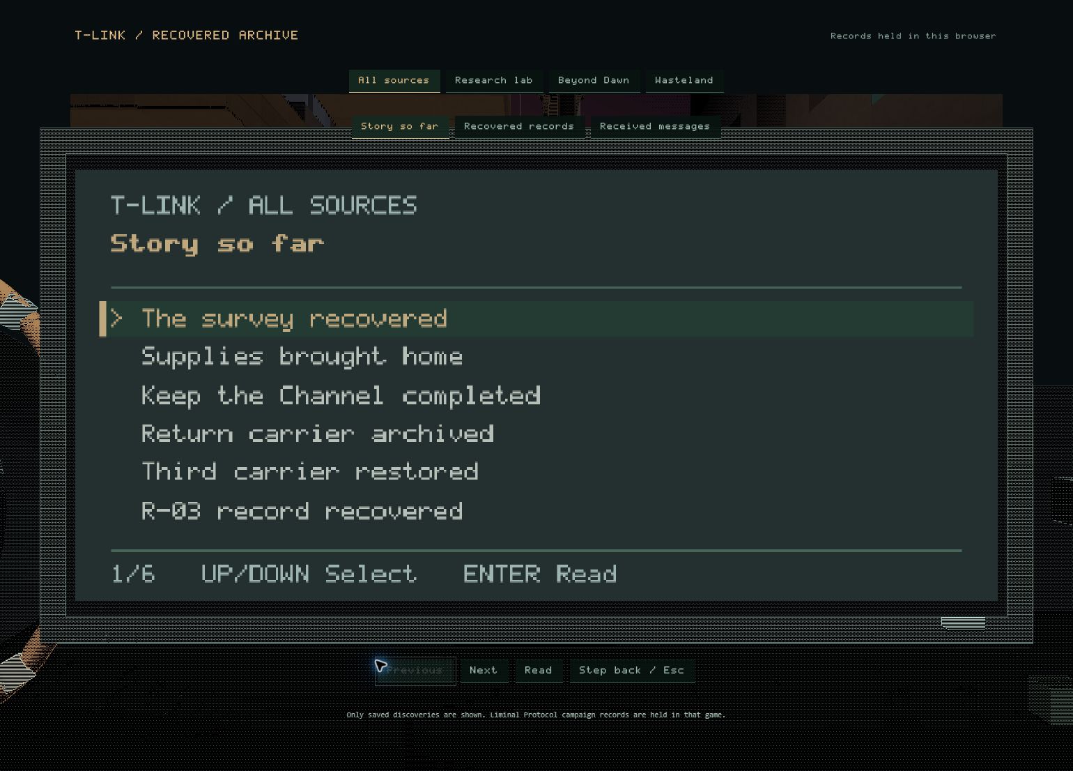 The observation station’s recovered archive, showing saved story milestones.