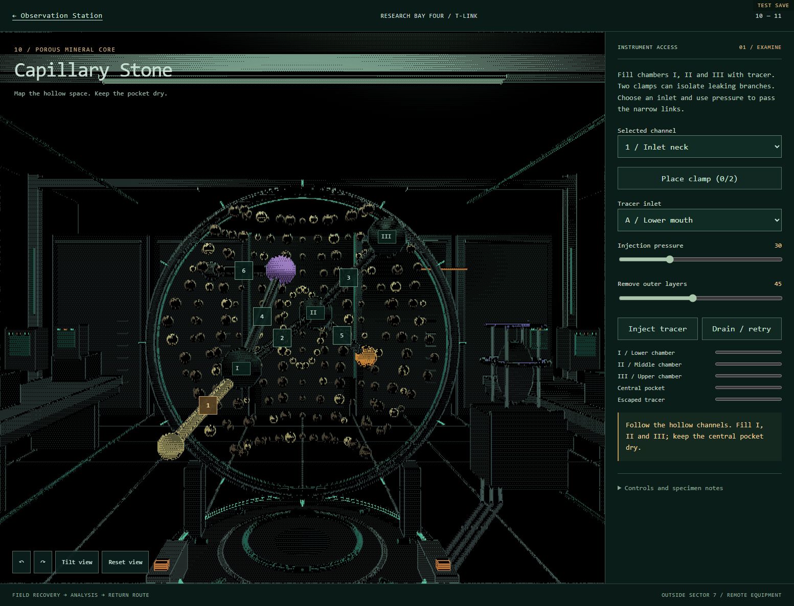 Capillary Stone research interface, with a cutaway mineral specimen, internal channels and tracer controls.