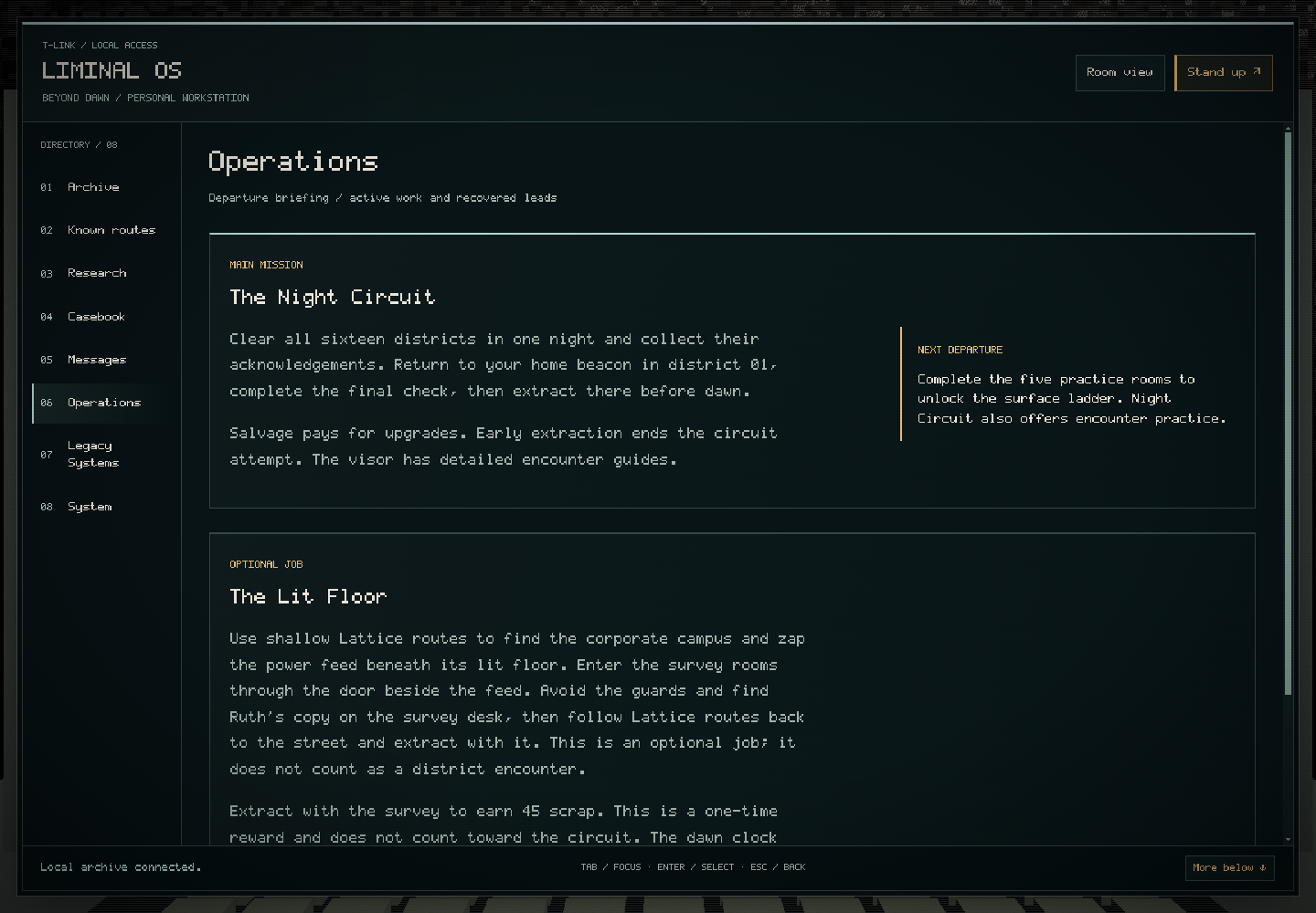 The updated Liminal OS Operations screen, with its numbered directory and structured mission briefings.