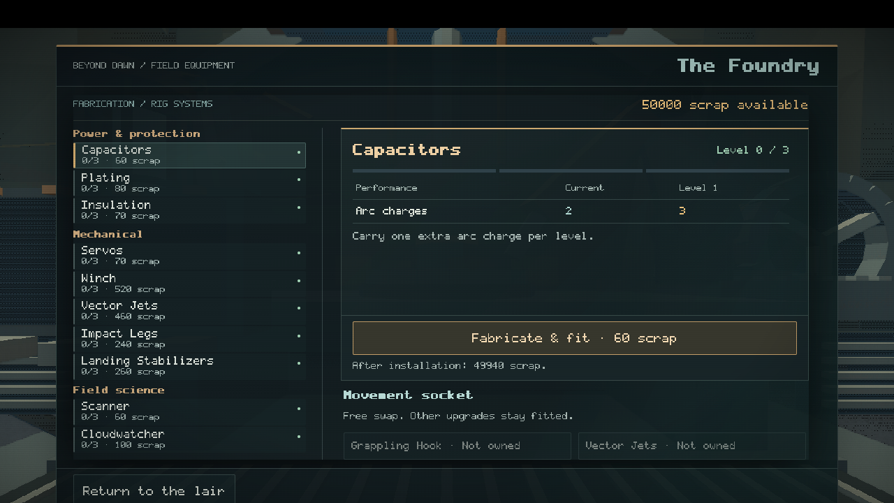 The Foundry catalogue, with upgrade comparisons and movement-rig controls.