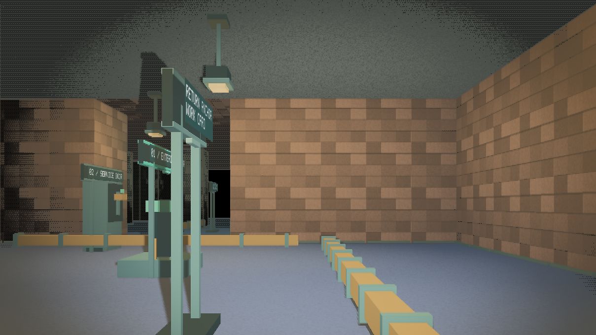The exterior approach beneath Liminal Corp, with the return anchor and service entrance.