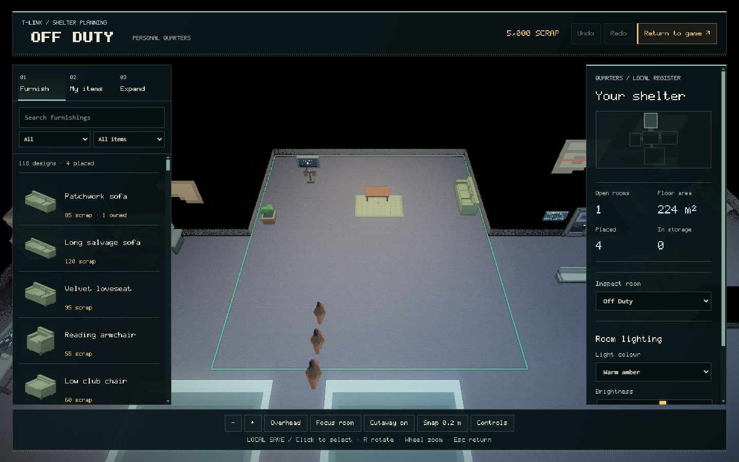 Off Duty decorating mode, showing the furniture catalogue, cave floor and room lighting controls.