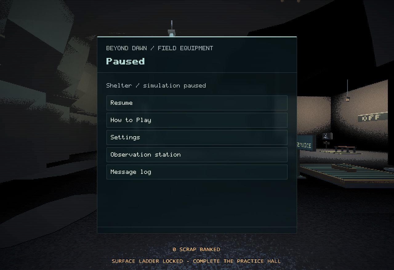 Beyond Dawn's pause menu with Resume and Observation station available.
